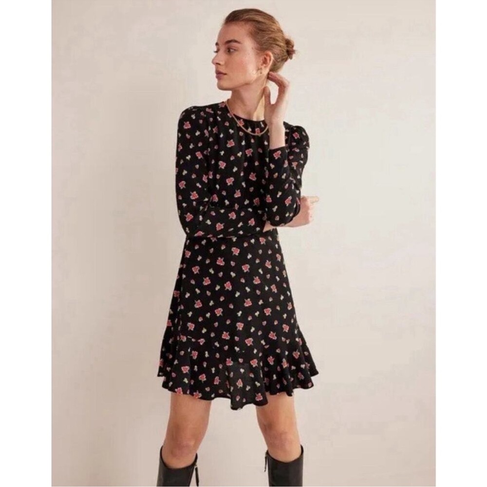 NWT Boden Long Sleeve Flippy Mini Dress in Rose Pop Floral Print Black Size 12
